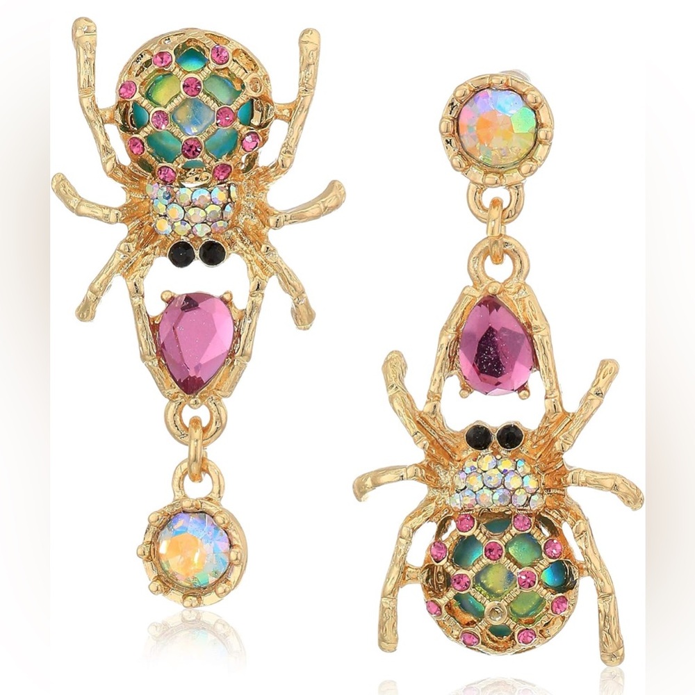 Betsey Johnson Gold and Pink Spider Earrings with Gemstone Accents